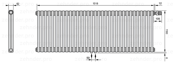 Схема (чертеж) Радиатор Zehnder Charleston 2110/33 №V008 Белый глянцевый RAL 9016